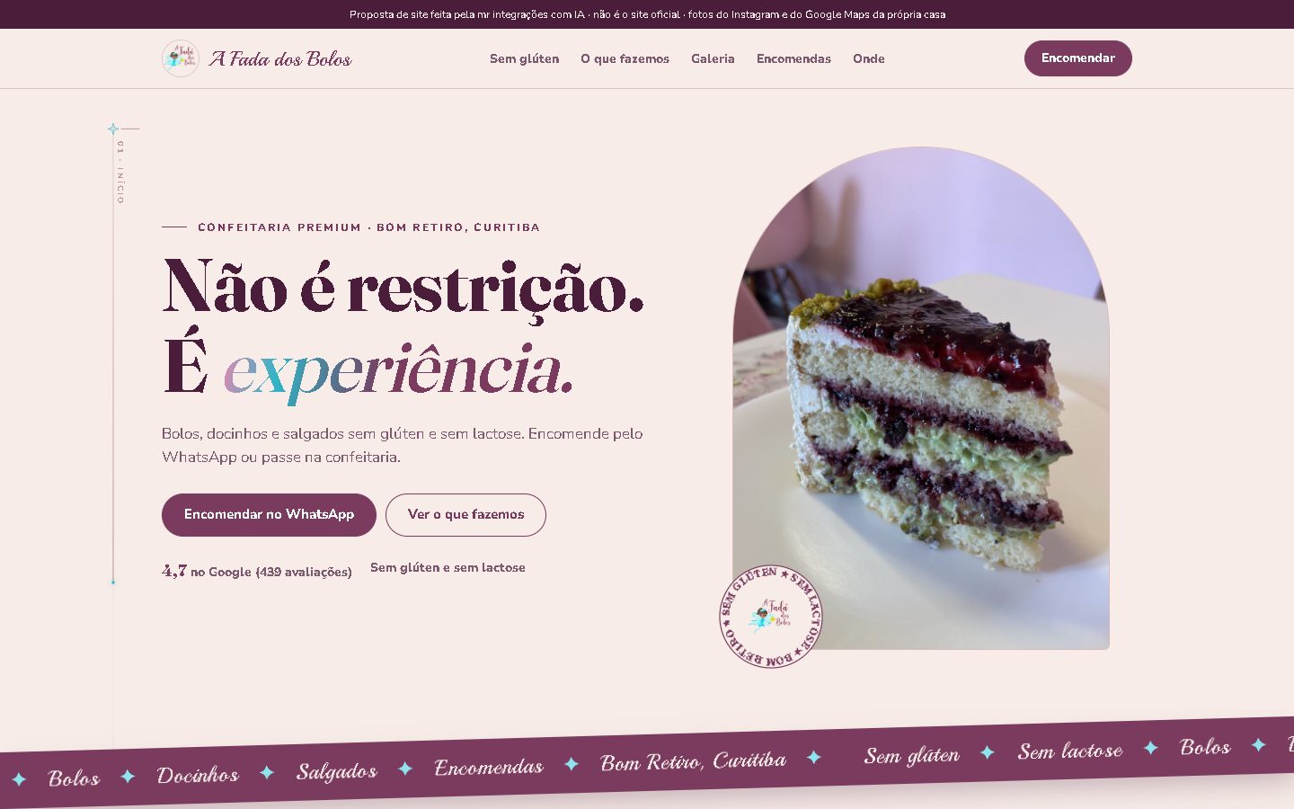 Modelo de site A Fada dos Bolos no computador, em rosa e ameixa.
