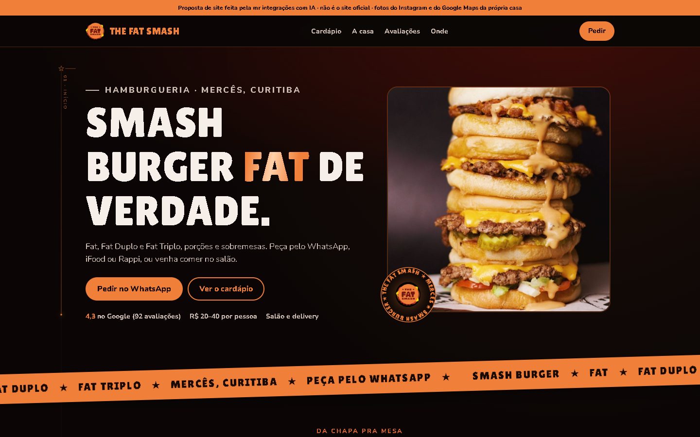 Modelo de site da hamburgueria The Fat Smash no computador, em laranja.