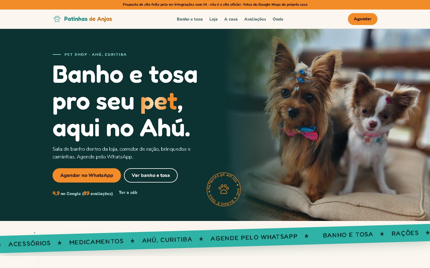 Modelo de site Patinhas de Anjos no computador, com o título Banho e tosa pro seu pet.